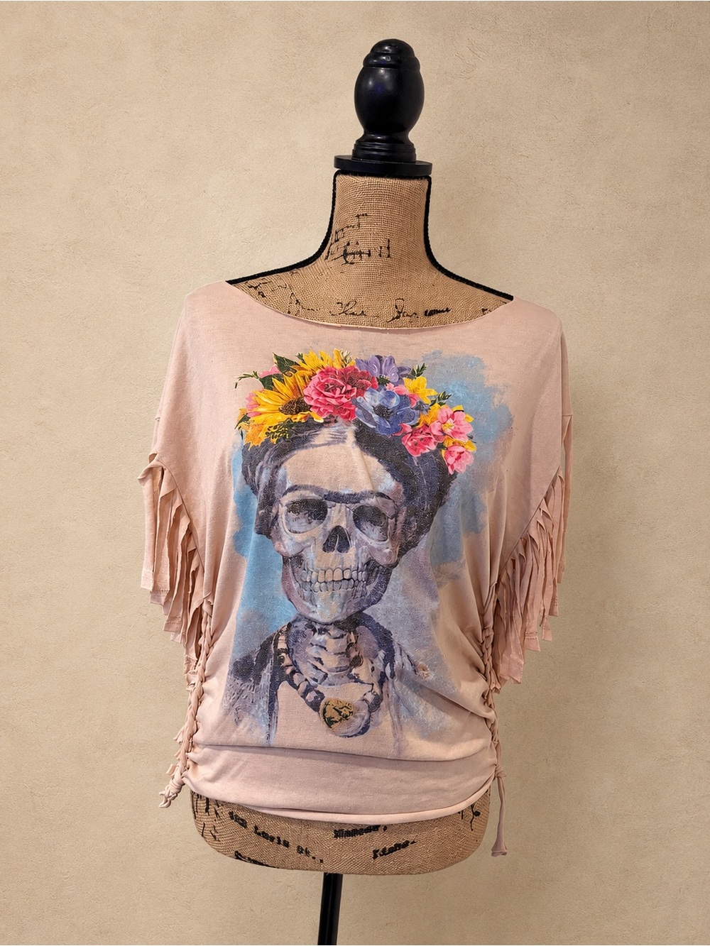 Women's Blush Pink Fringe Top with Floral Skull Print